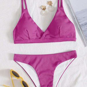 Shein Pink Solid Rib Bikini Swimsuit, Small